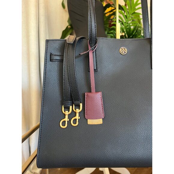 Tory Burch Walker Robinson Black Leather Tote Bag With Burgundy Tag & Gold Hardw - Picture 10 of 11